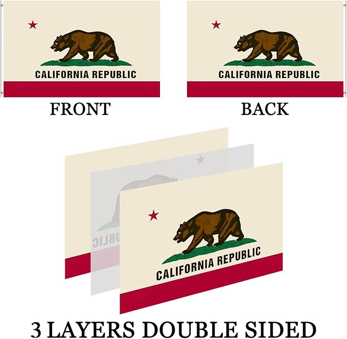 Embroidered California State Flag 3x5 Outdoor- 3Ply Heavy Duty 300D Nylon(All Weather)- Cali CA Flag 3x5-2 Brass Grommets & 4 Rows Stitched