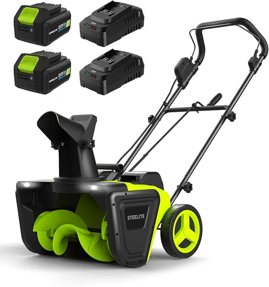 2 x 20V STEELITE Cordless Snow Blower, 20-Inch Snow Thrower Includes 2 x 4.0Ah Batteries & Charger, Ideal for Walkways and Driveways, Brushless Motor