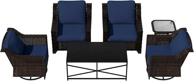 Vista Vibe 6 Pieces Outdoor Rattan Patio Conversation Furniture Set - 360 Degree Swivel Glider Rocker Chairs | Coffee Table | 2 Wicker Chairs, Washable Cushions, Terrace, Sunroom (Brown/Navy)
