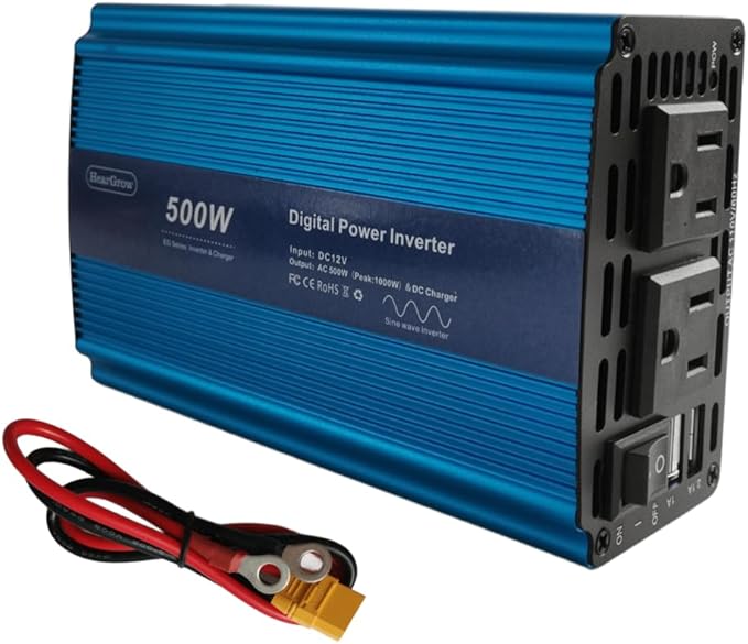 500W Pure Sine Wave Inverter Digital Power Inverter DC 12V to AC 110V, Peak Power1000W, with 2.4A Dual USB+2AC Ports Car Charger Adapter and Cigarette Lighter Plug for RV, Vehicles