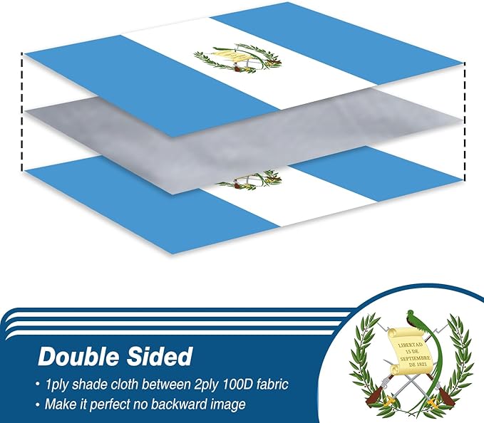 Guatemala Guatemalan Flag 3x5 ft Outdoor, Double Sided 3 Ply Heavy Duty Guatemala National Country Flag, 100% Quality Polyester Guatemalan Banner with Brass Grommets 4 Rows Stitches