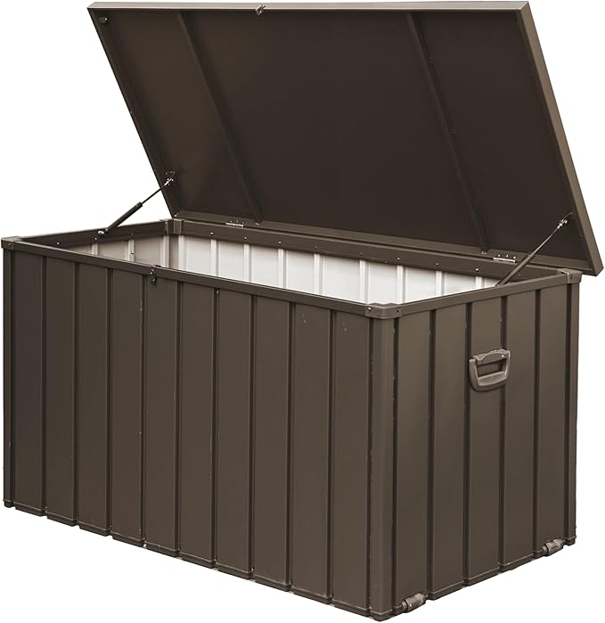 Metal Storage Box for Outdoor Dark Brown Lockable Water-Resistant Deck Box for Patio Garden Tools Organization Rust-Resistant Heavy-Duty Outside Storage Box (200 Gallon)