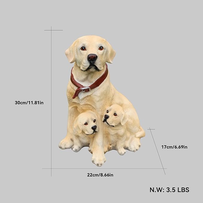 Labrador with Puppies Solar Welcome Statue, Hand-Painted Resin Dog Figurine with Lantern and Dual Wooden-Style Signs, Warm Family Guardian Sculpture for Garden and Porch Décor