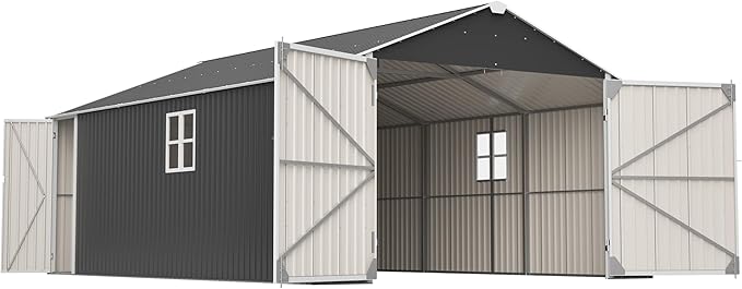 12x20 FT Garage Shed Outdoor Storage 1810 CU.FT Large Metal Garden Tool Sheds for Vehicle with Lockable Doors Floor Frame Window Gable Roof Waterproof for Backyard Patio Lawn, Black