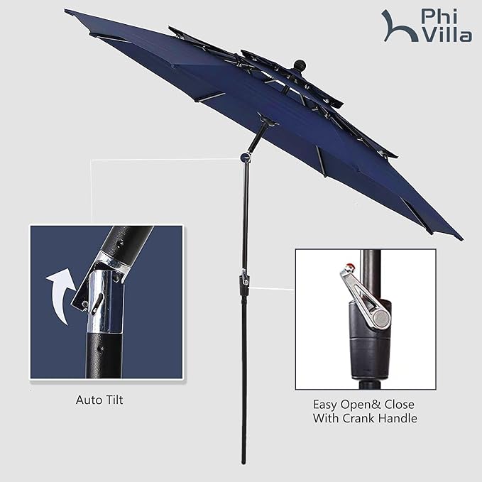 PHI VILLA 5 Pieces Outdoor Dining Set with Umbrella for 4, 37" Square Metal Dining Table & 4 Cushioned Wicker Rattan Chairs with 10ft Navy Blue Umbrella for Patio, Deck, Yard, Porch