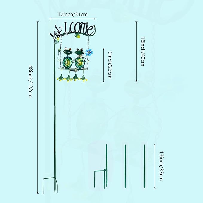 HONGLAND Outdoor Garden Solar Lights,Frog Swing Garden Decor,Frog Decorative Stake with Welcome Sign for Landscape Patio Yard (48 inch)