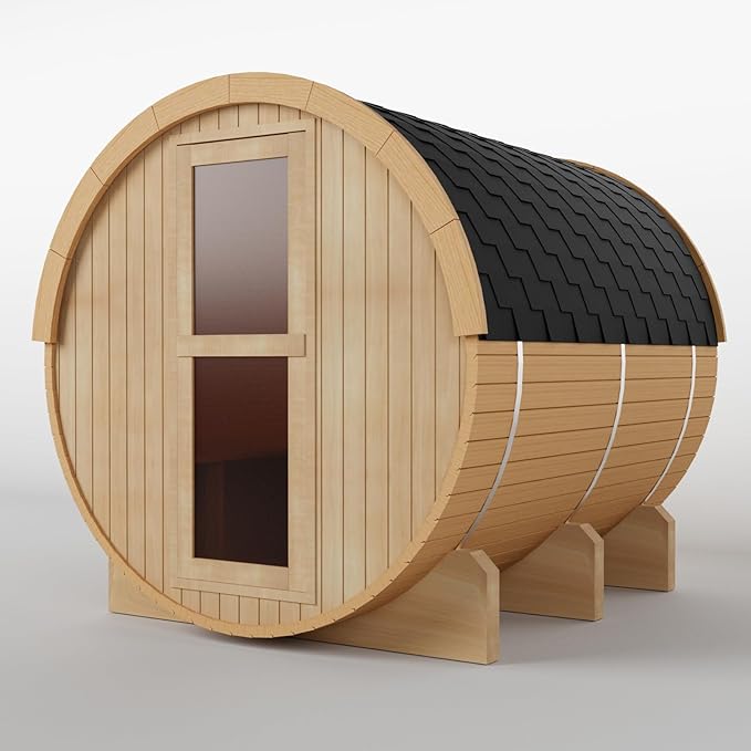 ZONEMEL Indoor and Outdoor Barrel Sauna Room with Asphalt Shingle Roof, Canadian Hemlock Wood Steam Sauna with 6KW ETL Certified TOULE Heater, 8mm Tempered Glass, Rocks, Bucket (Hemlock, 8 Person)
