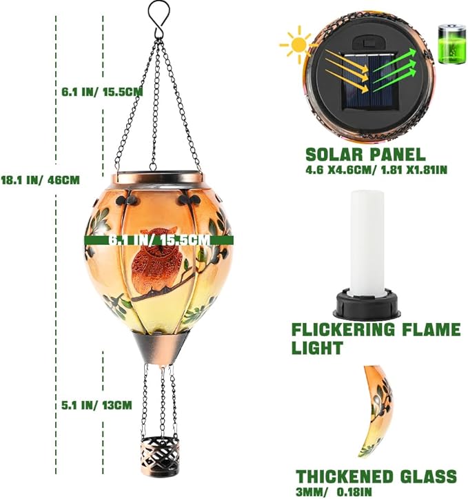 Hot Air Balloon Solar Lantern - Owl Stained Glass Lantern, Simulated Flickering & Dancing Flame, Outdoor Hanging Yard Light Waterproof IP65 for Patio Lawn Porch Decor Gift