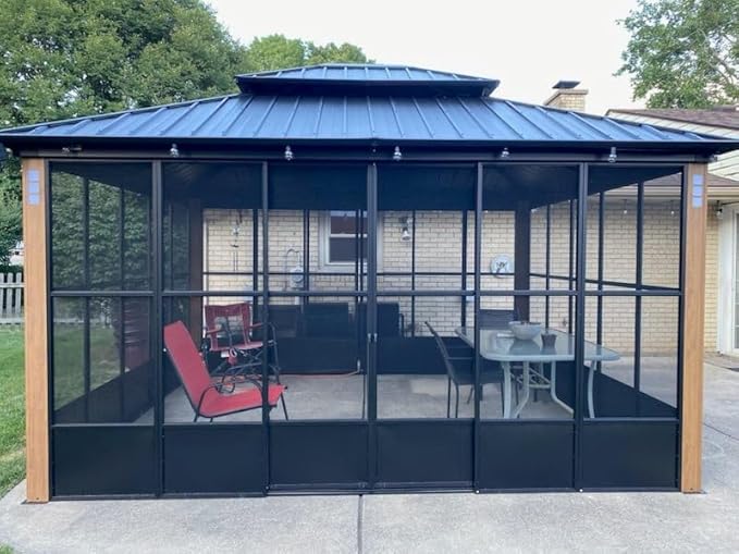 PURPLE LEAF 12' X 14' Sunroom Patio Hardtop Gazebo Double Top Galvanized Steel Screen House Aluminum Sun Room Outdoor Solarium for Garden Backyard and 24 Solar String Light