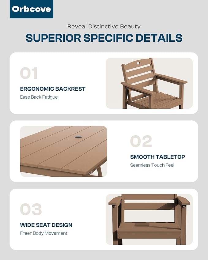 Patio Table and Chairs Set with Umbrella Hole, HDPE Patio Dining Set for 4, Outdoor Dining Set for Lawn, Patio, Porch, Deck, Poolside, Yard (Teak, 5-Piece)