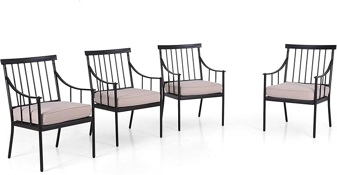 PHI VILLA Outdoor Metal Dining Chairs with Cushion, 300lbs Black Heavy Duty Weatherproof Chairs for Patio, Deck, Yard - Set of 4