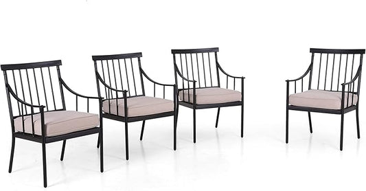PHI VILLA Outdoor Metal Dining Chairs with Cushion, 300lbs Black Heavy Duty Weatherproof Chairs for Patio, Deck, Yard - Set of 4