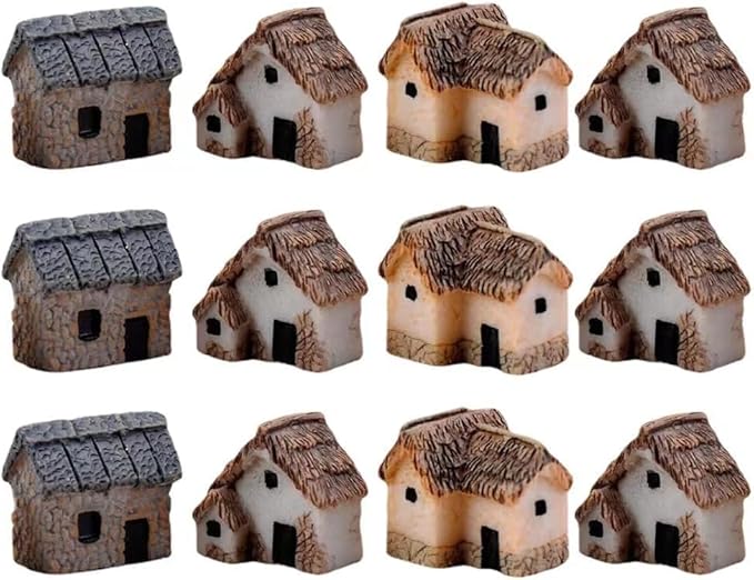 12 Pcs Miniature Fairy Garden Stone House,Mini Fairy Stone Resin House Cottage Statues Sculptures for Micro Landscape Dollhouse Decor