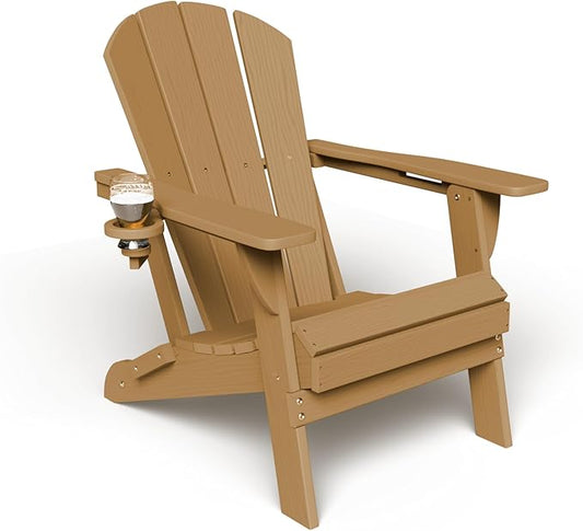 Kingdura Foldable Adirondack Chair, Portable HDPE All Weather Resistant Outdoor Patio Chair, Wooden Textured with Cup Holder, 380LBS Capacity for Poolside, Backyard, Deck, Fire Pit (Brown