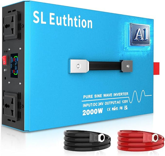 2000W Pure Sine Wave Power Inverter Voice Control AI Voice Assistant Support English 24V to 120V 60HZ with LCD Display, USB Port, for Car Home Laptop Truck