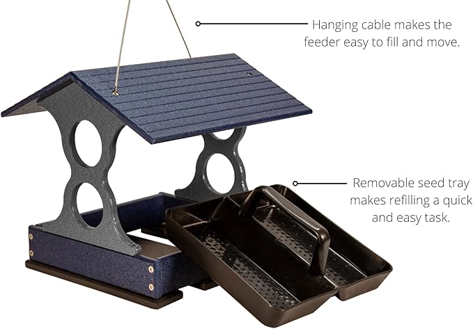 JCS Wildlife Medium Poly Fly-Thru Bird Feeder w/Removable Seed Tray - Holds 4 Cups of Bird Seed to Attract Cardinals, Chickadees, and More Backyard Birds (Blue)