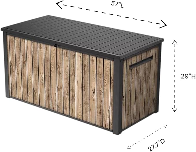 Stylish Indoor/Outdoor Storage Deck Box,Resin,Large Capacity, Weather-Resistant, Lockable lid and Side handles. (Rust Wood Brown, 170 Gallon)