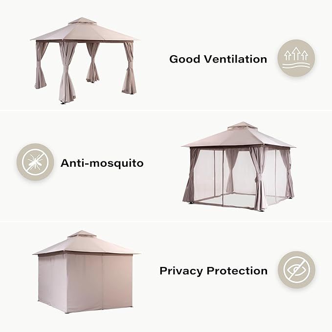 Outdoor Patio Gazebo 10FT, Heavy Duty Party Tent & Shelter with 2-Tier Roof and Expansion Bolts, Mosquito Nettings and Privacy Screens for Backyard, Garden, Poolside, Khaki