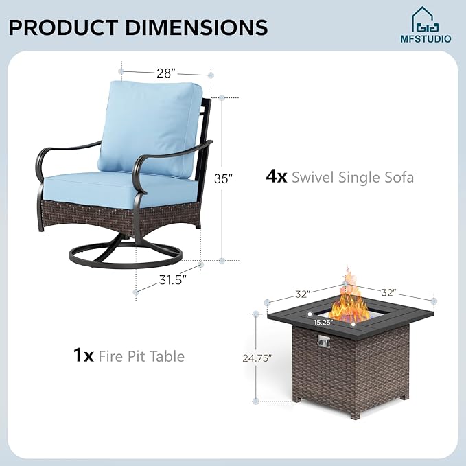 MFSTUDIO 5 Pieces Outdoor Patio Furniture Set, Metal Outdoor Conversation Sofa, Rattan Wicker Patio Sectional Sofa Set with 4 x Swivel Single Sofa, 1 x Fire Pit Table, Blue