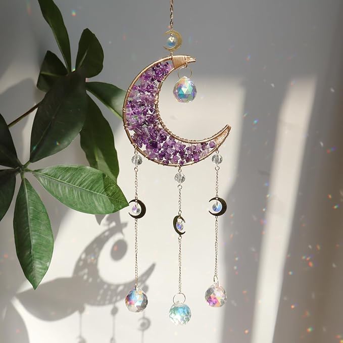 Moon Suncatcher Hanging Decor, Boho Chic Amethyst Crystal Sun Catcher, Spritual Sun Light Catcher for Windows, Crescent Moon Housewarming Gift (Amethsyt)