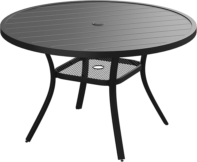 VICLLAX Outdoor Patio Round Dining Table, 47"x 47" Metal Slatted Round Tabletop with Adjustable Umbrella Hole for Deck Lawn Garden Backyard, Black