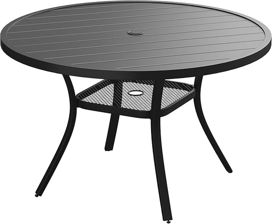 VICLLAX Outdoor Patio Round Dining Table, 47"x 47" Metal Slatted Round Tabletop with Adjustable Umbrella Hole for Deck Lawn Garden Backyard, Black