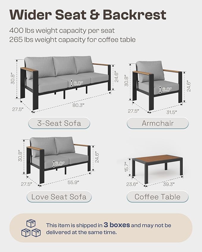 Aluminum Outdoor Sofa Bistro Set, 3 Piece Outdoor Patio Furniture Set with Washable Thick Cushion, Patio Sectional Furniture Set for Porch, Balcony, Deck, Yard, Gray