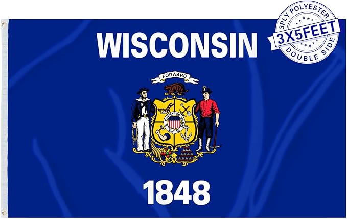 AMZFLAG Wisconsin State Flag 3x5 ft Outdoor, Heavy Duty 3 Ply Polyester WI Wisconsin Flags with 2 Brass Grommets, Patriotic Double Sided State of Wisconsin Flag for Outside