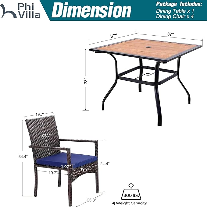 PHI VILLA 5 Piece Outdoor Dining Table Set for 4, 37" Wood Top Metal Dining Table with Umbrella Hole & 4 Cushioned Rattan Chairs for Patio, Deck, Porch, Yard