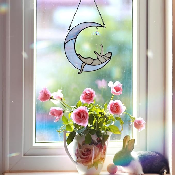 Colorful Crystal Star Grey Cat Decor,Stained Glass Suncatcher for Window Hanging,Birthday Gifts for Cat Lovers Suncatcher Indoor Window, for Women