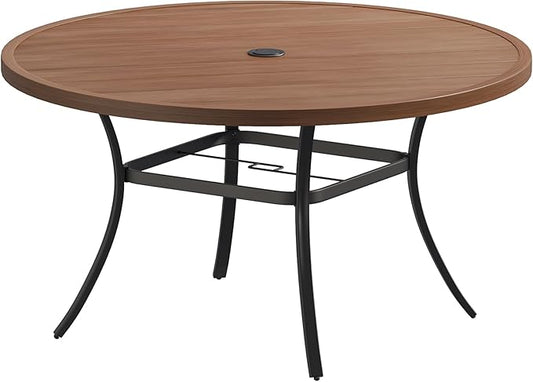 VICLLAX Outdoor Patio Round Dining Table, 53"x 53" Metal Slatted Round Tabletop with Adjustable Umbrella Hole for Deck Lawn Garden Backyard, Walnut