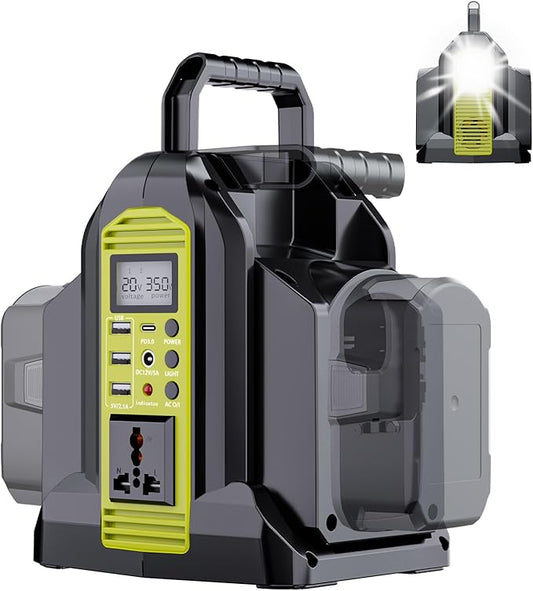 350W Power Inverter for Ryobi 18V ONE+ Battery, 2-Port 18V DC to 120V AC Inverter with LED Light, 3 USB-A, 1 USB-C, DC and AC Ports. Portable Battery Inverters for Outdoor Use(Tool Only)