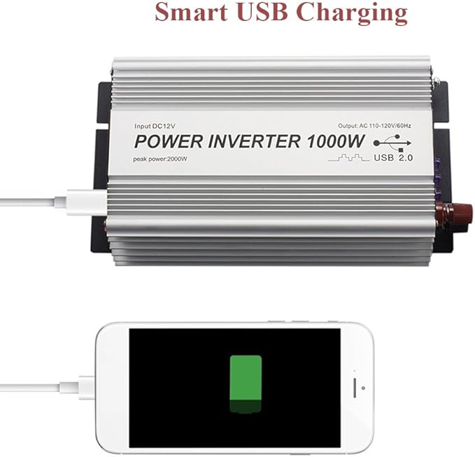 1000W Power Inverter, Dual AC Outlets, DC 12V to 110V AC Car Converter with USB Charging Port for Smartphone, Laptop, Tablet.