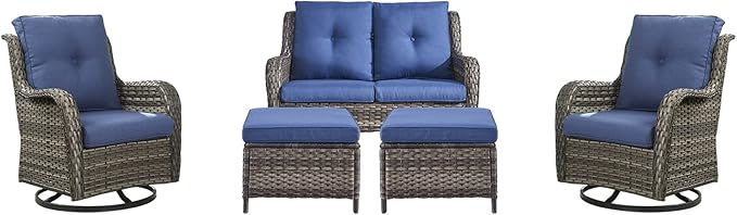 Rilyson 5 Piece Outdoor Patio Furniture Set - Rattan Wicker Patio Conversation Sets with 2 Swivel Rocker Chairs,2 Ottomans and 1 Loveseat for Outside Porch Deck Backyard(Mixed Grey/Blue)