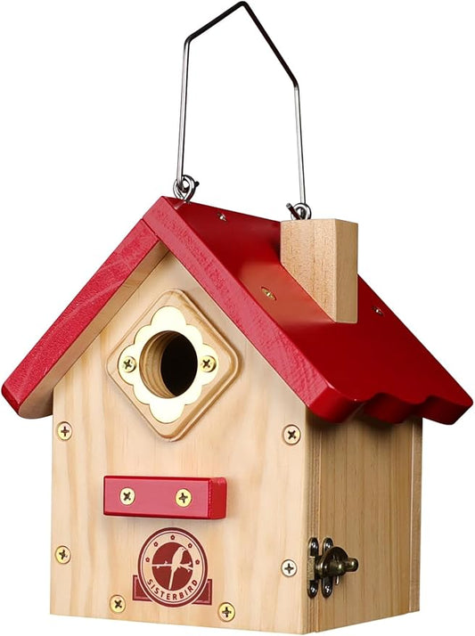 Wren Bird House, Premium Wooden Bird Houses for Outside, Classic Cabin Design Birdhouses for Outdoors, Hanging Bird House, Red-Breasted Nuthatch Wren Chickadee