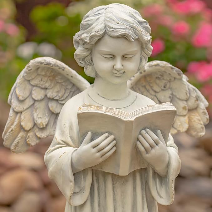 Zaer Ltd. 39" Tall Magnesium Angel Statue Figurines for Outdoor and Indoor Use (Reading a Book Symone, Antique White)
