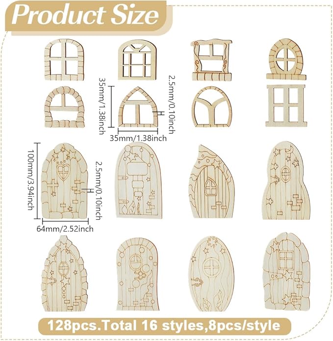 128 Pcs Fairy Doors, 16 Styles Wooden Miniature Garden Door Unfinished DIY Blank Windows for Miniature Fairy Room Decorations