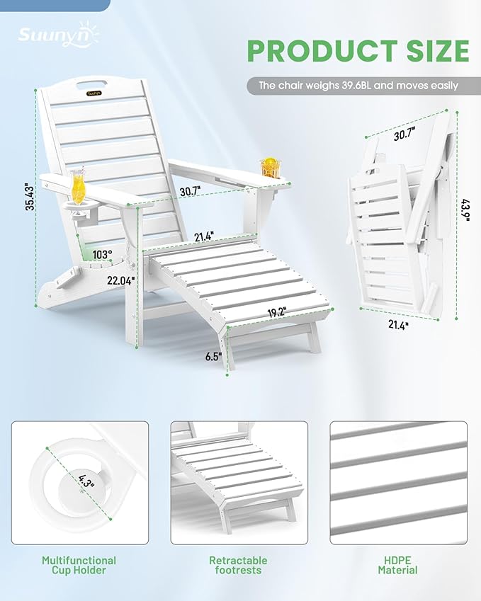 Folding Adirondack Chairs Set of 2,Adirondack Chair with Retractable Ottoman,Plastic Adirondack Chairs with 2 Cup Holder,Weather Resistant Patio Chair,Outdoor Chairs Set of 2(White)