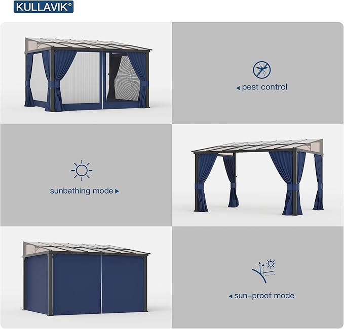 Kullavik 10' × 24' Hardtop Gazebo for Patio,Wall-Mounted Lean to Gazebo Pergola with Sloping Roof and Durable Aluminum Frame,Large Heavy Duty Awnings for Decks,Backyard,NavyBlue