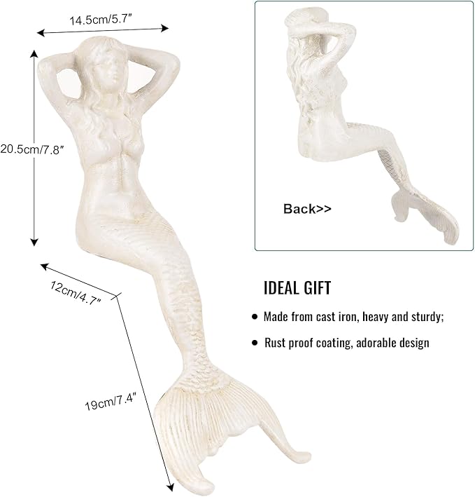 Sungmor 14.3" Tall Large Cast Iron Mermaid Statue, Sitting Mermaid Sculpture Decoration for Pool Pond Birdbath Shelf Desk, Rustic White Garden Figurines for Indoor Outdoor Fish Tank Fountain Rockeries