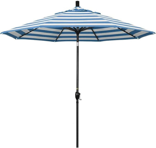 California Umbrella 9' Rd Pacific Trail Series Aluminum Patio Umbrella, Crank Lift, Push Button Tilt, Black Finish, Sunbrella Cabana Regatta fabric