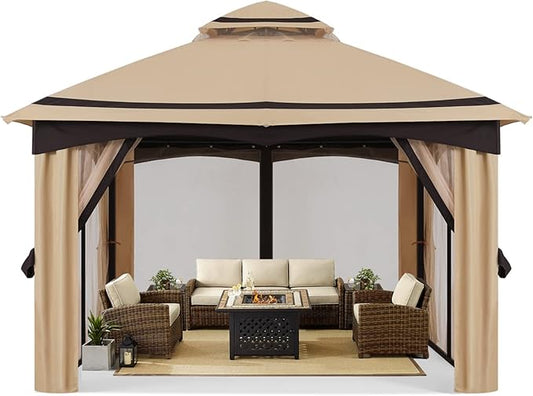 MASTERCANOPY 10x10FT Outdoor Patio Gazebo with Mosquito Netting for Backyard, Patio, Garden Beige