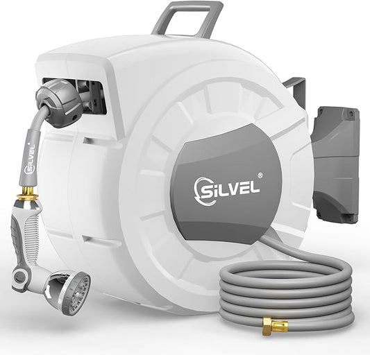 SILVEL 1/2 in x 130 FT Retractable Garden Hose Reel, Upgraded UV Resistant Heavy Duty Automatic Hose Reel Wall Mount with 10 Pattern Nozzle, Any Length Lock & Slow Return System, 180°Swivel Bracket