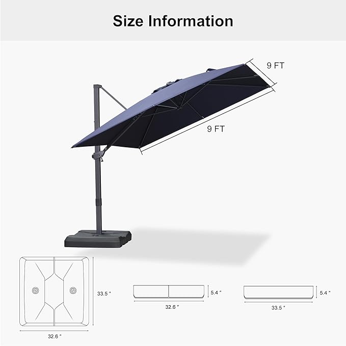 PURPLE LEAF 9' × 9' Patio Cantilever Umbrella with Base Outdoor Square Adjustable Offset Umbrellas with 360-degree Rotation and 8 Heavy Duty Metal Ribs for Garden Deck Pool Navy Blue