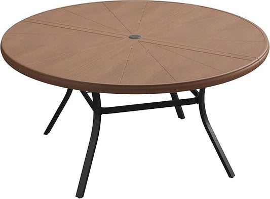 VICLLAX Outdoor Patio Round Dining Table, 53"x 53" Aluminum Tabletop for Deck Lawn Garden Backyard, Walnut