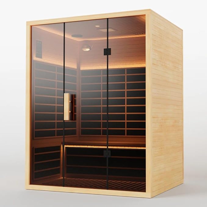 Low EMF Far Infrared Sauna for 3 Person, Canadian Hemlock Wood Sauna Room with Tempered Glass Door, WiFi Control, 220V, 12 Infrared Heaters, 2850W, Reading & 7-Color Starry Light, Oxygen Bar, Speaker