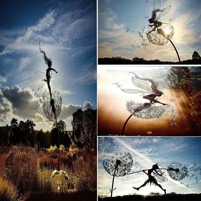 Flower Fairy Dancing with Dandelion, Art Sculpture Fairies for Fairy Garden, Angel Metal Ornaments Gardens Art Sculpture, Outdoor Decorations for The Courtyard, Christmas and Halloween Lawn (F)
