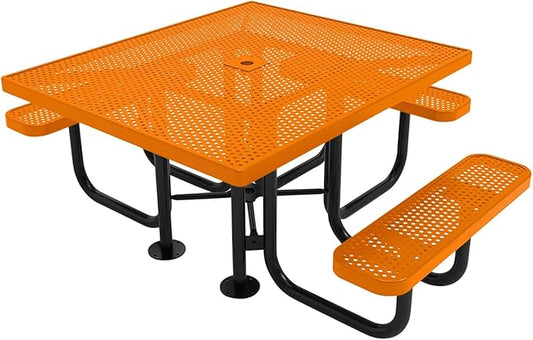 COATEDOUTDOORFURNITURE Heavy-Duty Portable ADA-Compliant Outdoor Picnic Table with Umbrella Hole, Punched Steel Patio Dining Furniture Made in America (46" Square Top, Orange)