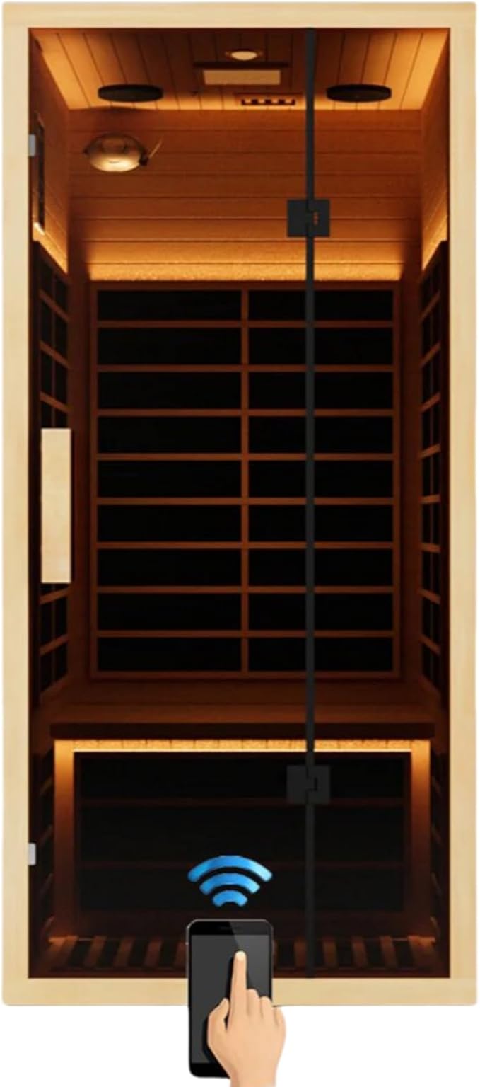 Low EMF Far Infrared Sauna for 1 Person, Canadian Hemlock Wood Sauna Room with Tempered Glass Door, WiFi Control, 110V, 7 Infrared Heaters, 1850W, Reading & 7-Color Starry Light, Oxygen Bar, Speaker