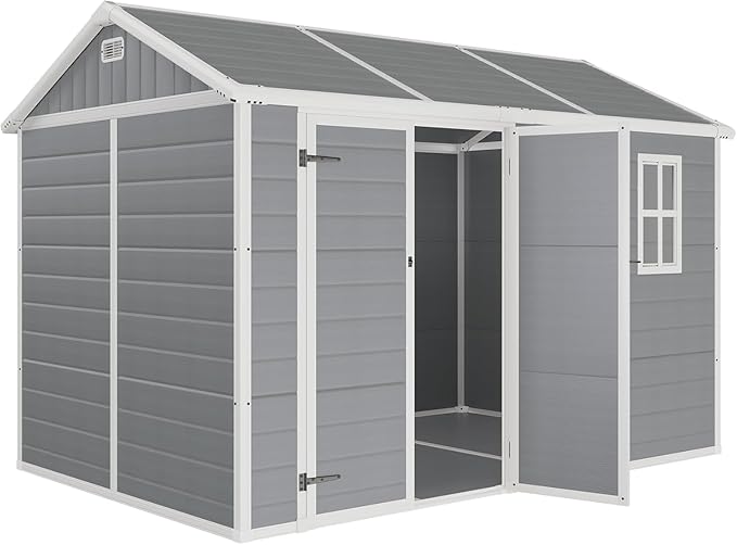 10.5x7.6x7.5 ft Outdoor Resin Storage Shed with Floor, Windows & Air Vents, Large Waterproof Tool Shed for Backyard, Garden, Lawn Equipment & Bikes, Grey